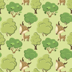 Seamless childish cartoon pattern kids grey background cute little deers trees bushes light green