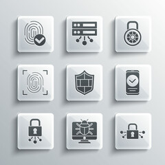 Set System bug on monitor, Cyber security, Smartphone, Shield with brick wall, Fingerprint, and Safe combination lock icon. Vector