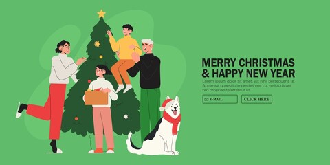 Happy family decorate christmas tree together with garland and baubles. Christmas and new year preparations banner, landing web page. Characters celebrate winter holidays and x-mas at home.