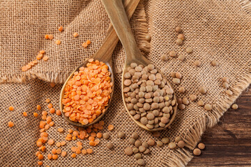 Very Healthy Food; Raw Lentils and Peeled Red Lentils