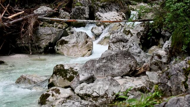 rauschender sommerlicher Gebirgsbach, Ramsauer Ache im Zauberwald, Hintersee