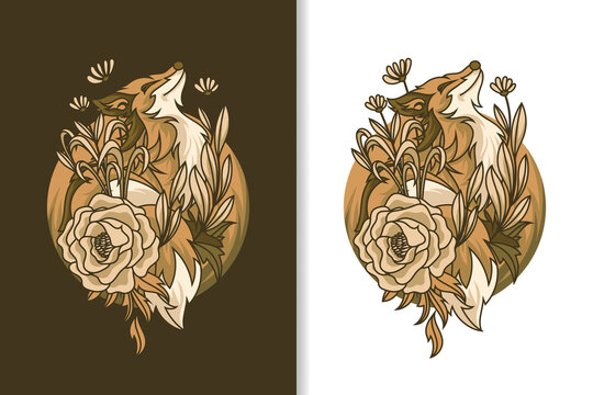 vector illustration of a red fox with flowers and leaves
