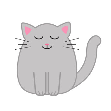 Funny cartoon cat, cute vector illustration in flat style. Gray cat with closed eyes. Smiling fat kitten. Positive print for sticker, cards, clothes, textile, design and decor. 