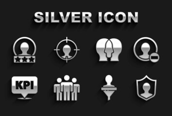 Set Users group, Create account screen, protection, Head hunting, Key performance indicator, Project team base, and icon. Vector