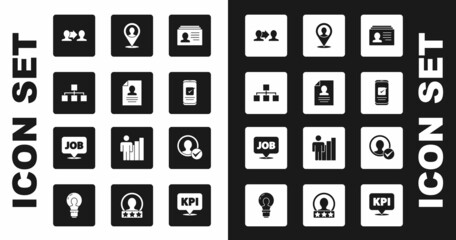 Set Resume, Hierarchy organogram chart, Project team base, Smartphone, Location with person, Create account screen and Speech bubble job icon. Vector