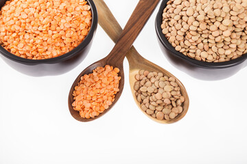 Very Healthy Food; Raw Lentils and Peeled Red Lentils
