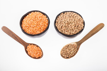 Very Healthy Food; Raw Lentils and Peeled Red Lentils