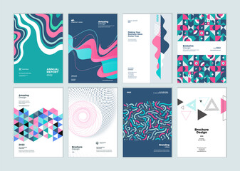 Set of brochure, annual report, business plan cover design templates. Vector illustrations for business presentation, business paper, corporate document, and marketing material. - obrazy, fototapety, plakaty
