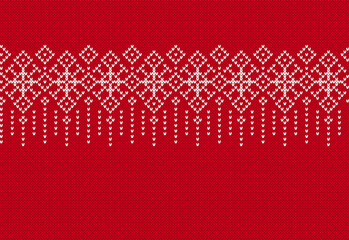 Fototapeta na wymiar Red knit seamless border. Knitted texture. Christmas pattern. Holiday fair isle traditional background. Xmas festive print. Ornament with flowers. Geometric sweater pullover. Vector illustration.