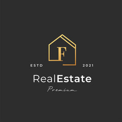 Letter F logo with real estate house icon luxury line style, Vector illustrations