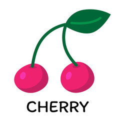 Pink cherry, vector illustration in cartoon flat stye. Food and berry concept. Print for recipes, restaurant, supermarket, market place. Vegetarian fresh food product for sticker, grocery shop. 