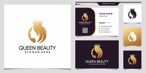 Elegant queen beauty logo with golden gradient style color and business card design Premium Vector