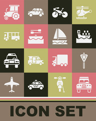 Set Car, Road traffic signpost, Cargo ship with boxes, Bicycle, Boat oars, Bus, Tractor and Yacht sailboat icon. Vector