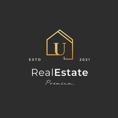 Letter U logo with real estate house icon luxury line style, Vector illustrations