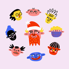 face of santa claus surrounded by different mixed-race kids. Christmas card. Children's vibrant style. Bizarre faces of boys, girls, grandfathers. Children's New Year's party