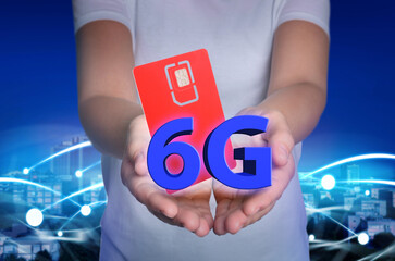 Woman demonstrating 6G SIM card model and cityscape with connection lines on background, closeup