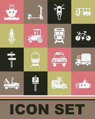 Set Submarine, Delivery cargo truck, Bicycle, Scooter, Tractor, Rocket ship with fire, Cargo and Train and railway icon. Vector