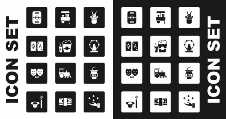 Set Magician hat and rabbit, Popcorn in box glass, Tarot cards, Hockey table, Ferris wheel, Fast street food cart, Paper with water and Comedy tragedy masks icon. Vector