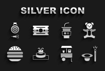 Set Fountain, Teddy bear plush toy, Magic hat and wand, Fast street food cart, Burger, Paper glass with water, Classic dart board arrow and Ticket icon. Vector