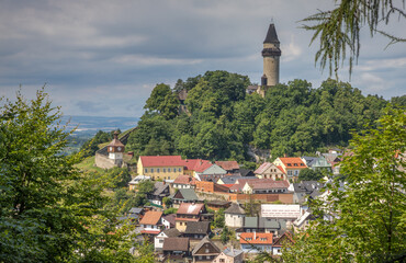 round tower of the old castle above the center of the historic town of Stramberk