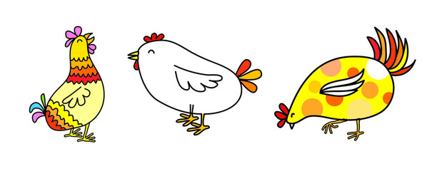vector chicken cartoon character Draw a line in children's style, beautiful and cute.