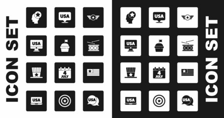 Set Star American military, Cake, USA on monitor, Head, Drum and drum sticks, Independence day, flag and Patriotic top hat icon. Vector