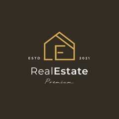 Letter E logo with real estate house icon luxury line style, Vector illustrations