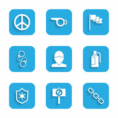 Set Vandal, Protest, Chain link, Hand grenade, Police badge, Handcuffs, Location marker and Peace icon. Vector