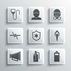 Set Hand grenade, Police assault shield, Torch flame, badge, Megaphone, Barbed wire, Walkie talkie and Gas mask icon. Vector