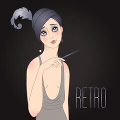 Art Deco vintage illustration of flapper girl. Retro party character in 1920s style. Vector design for glamour event or jazz party.