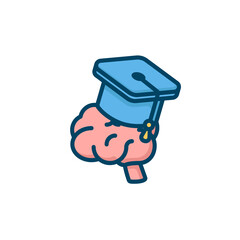 Human brain in the graduate hat. Vector flat illustration of mind symbol in the academic hat with tassel. The graduation, education, scientific, studying concept icon.