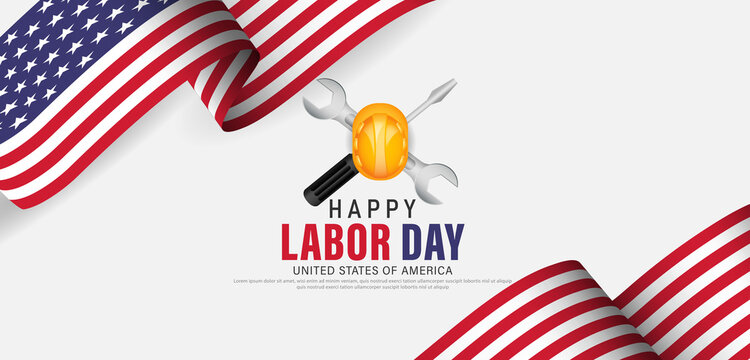 Happy labor day usa banner template design with usa flag and work equipment.
