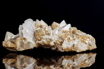 Macro mineral stone Snow quartz with calcite on a black background