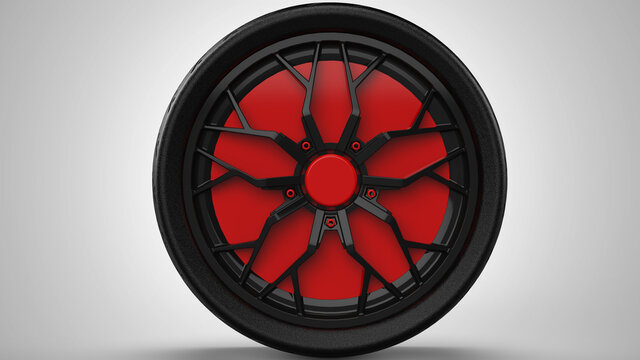 wheel and tire. High Resolution. 3D Rendering Image. Black Rim. Black Tire. Tire Tread. Side View. Axial View.