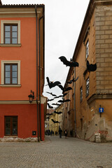 Hanging bats at old town Lublin street, seasonal decoration