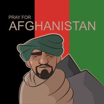 Sad looking Afghan man standing in front of Afghanistan flag with text Pray for Afghanistan. Flat style illustration.  