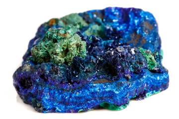 Macro mineral stone malachite with azurite on white background