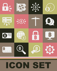 Set Cryptocurrency coin Bitcoin, Blockchain technology, circuit, Server, Lock with bitcoin and Pickaxe icon. Vector
