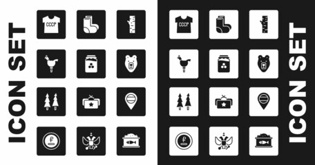 Set Birch tree, Jar of honey, Cockerel lollipop, USSR t-shirt, Bear head, Valenki, Location Russia and Christmas icon. Vector