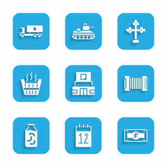 Set Mausoleum of Lenin, Calendar 12 june, Russian ruble banknote, Accordion, Pickled cucumbers jar, Sauna bucket, Christian cross and Tanker truck icon. Vector