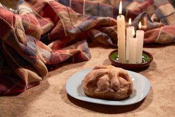 Traditional Mexican bread of the dead. Enjoyed on the day of the dead. Mexican tradition concept.
