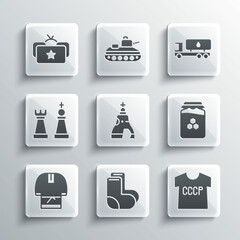 Set Valenki, USSR t-shirt, Jar of honey, The Tsar bell, Kosovorotka, Chess, Ushanka and Tanker truck icon. Vector
