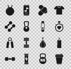 Set Fitness shaker, Punching bag, Heart the center stopwatch, Sports nutrition, Kettlebell, Dumbbell, and Smartwatch icon. Vector