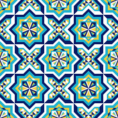 Spanish tile pattern vector seamless with mosaic arabesque ornaments. Moroccan ceramic, portuguese azulejo, mexican talavera, italian sicily majolica, turkish, islamic, mediterranean texture design.