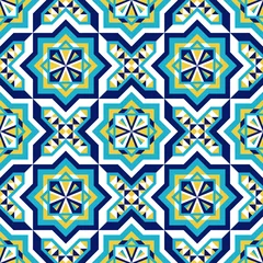 Foto auf Acrylglas Spanish tile pattern vector seamless with mosaic arabesque ornaments. Moroccan ceramic, portuguese azulejo, mexican talavera, italian sicily majolica, turkish, islamic, mediterranean texture design. © irinelle