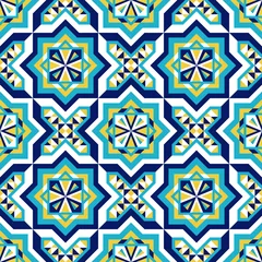 Cercles muraux Portugal carreaux de céramique Vecteur de motif de carreaux espagnols sans couture avec ornements arabesques en mosaïque. Céramique marocaine, azulejo portugais, talavera mexicain, majolique italienne de Sicile, texture turque, islamique, méditerranéenne.