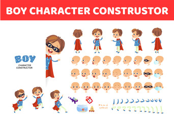 Boy character constructor. Cartoon boy creation mascot kit. Character creation set poses and emotions for animation and illustrations