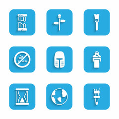 Set Medieval iron helmet, Earth globe, Torch flame, Gives lecture, Old hourglass with sand, No Smoking, Paint brush and Broken ancient column icon. Vector