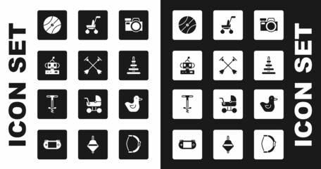 Set Photo camera, Arrow with sucker tip, Robot toy, Basketball ball, Pyramid, Baby stroller, Rubber duck and Pogo stick jumping icon. Vector