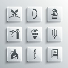 Set Dagger, Greek history book, Neptune Trident, Ancient amphorae, Bottle of olive oil, Gallows, Crossed medieval sword and bust sculpture icon. Vector